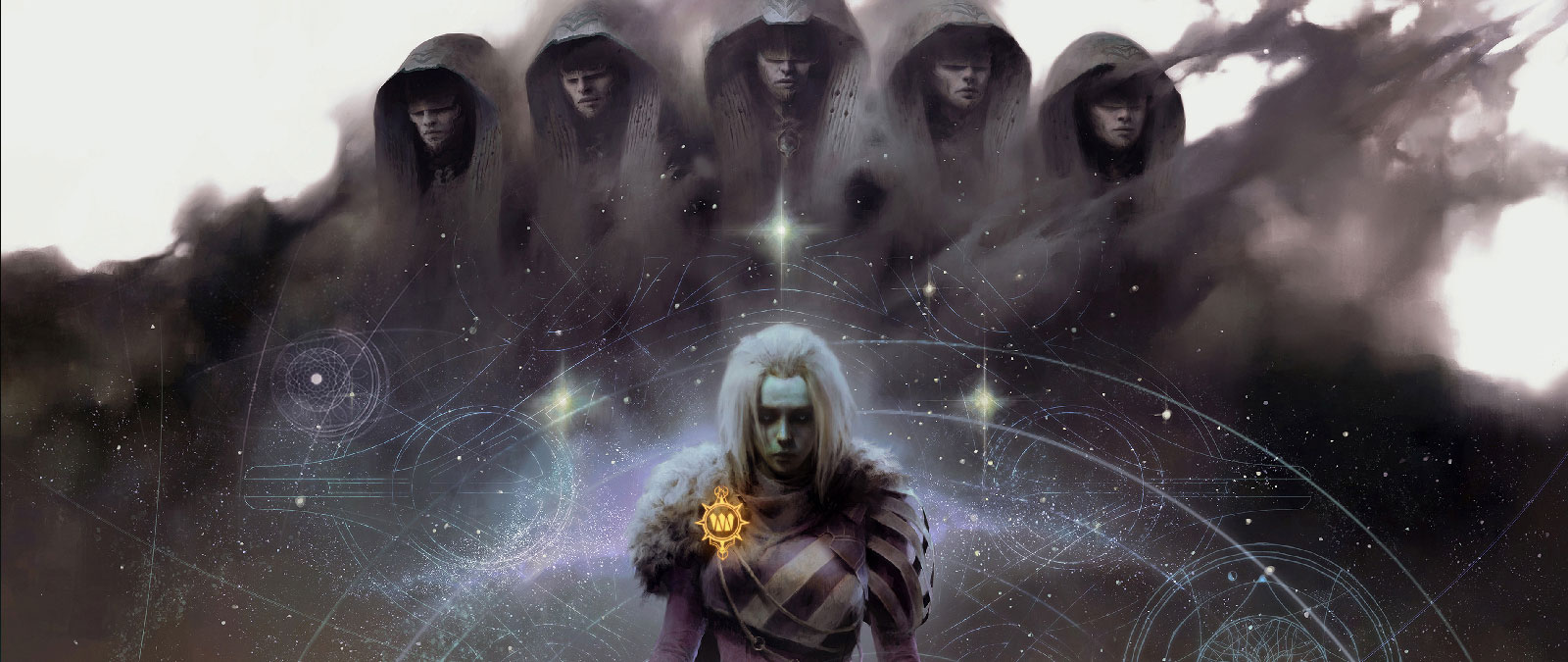 Witch Queen with five hooded figures mixed with dark clouds, stars, and outlines of shapes