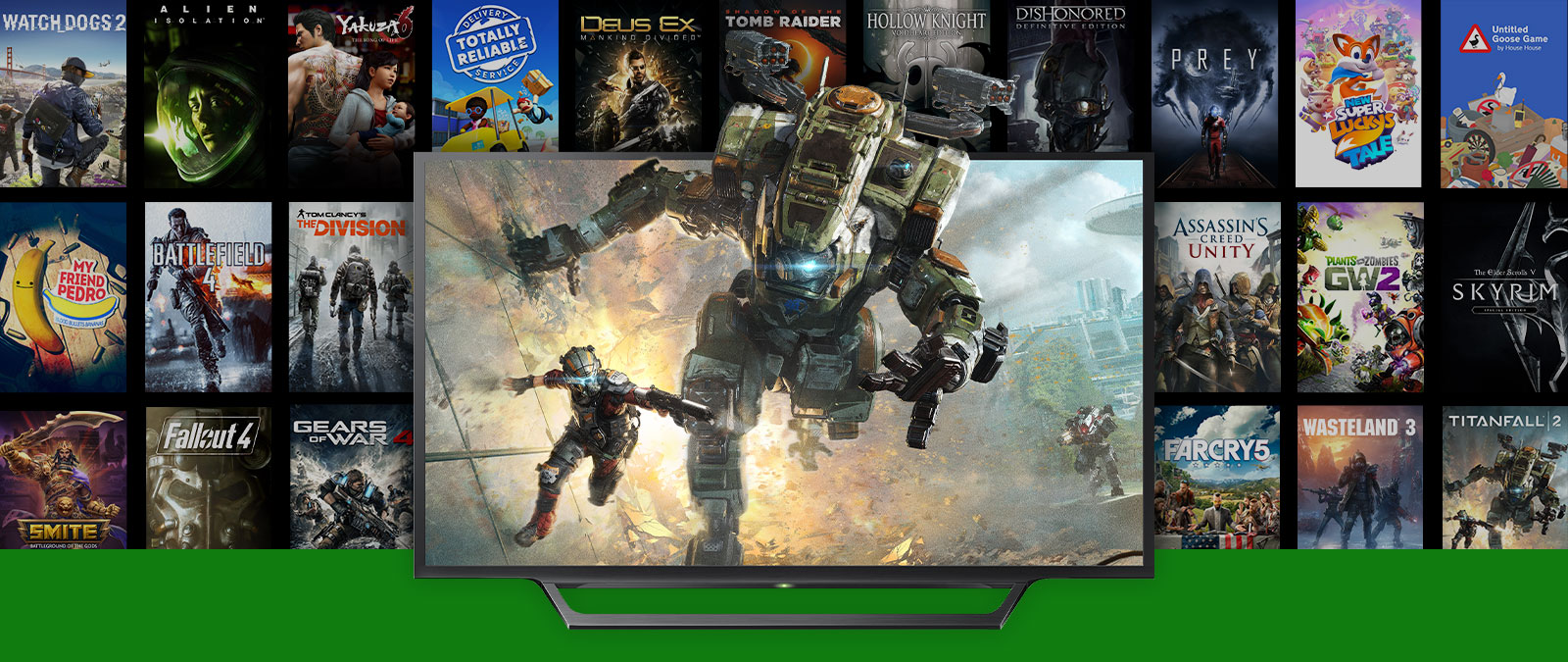 Titanfall 2 characters leap out of a tv with multiple box shots of backward compatible games FPS boosted games in the background