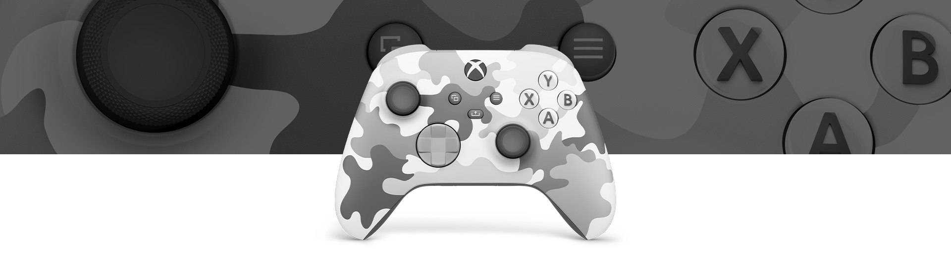 Front view of Xbox Wireless Controller – Arctic Camo Special Edition with close-up view in the background.