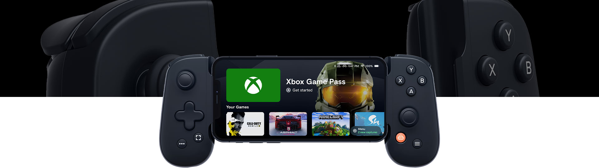 Domovská obrazovka ovladače Backbone One s aplikací Xbox Game Pass a hrami Call of Duty, Asphalt, Minecraft a Sky.
