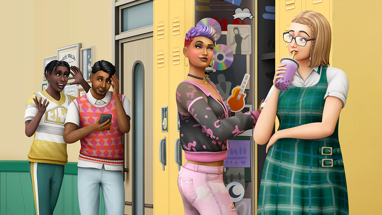 Twee Sims die met elkaar praten terwijl een andere Sim in hun kluisje kijkt en een andere Sim die Taro Bubble Tea drinkt.