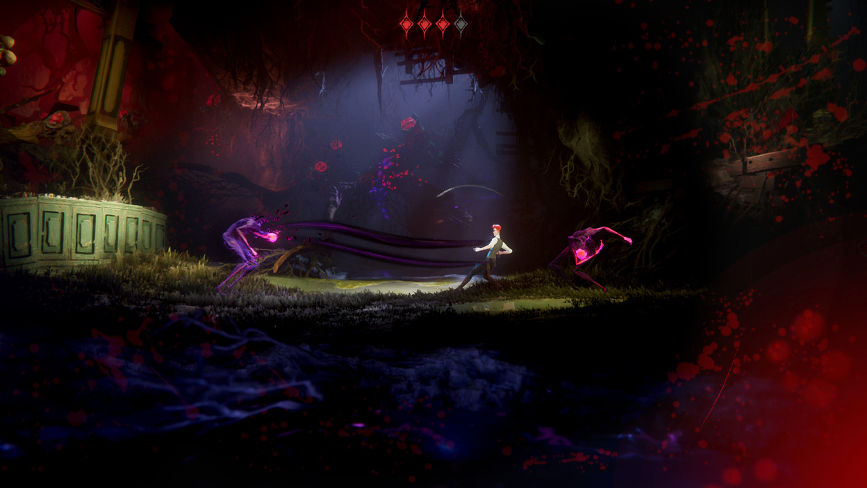 Benedict Fox encounters two enemies reaching out to him with purple tendrils.