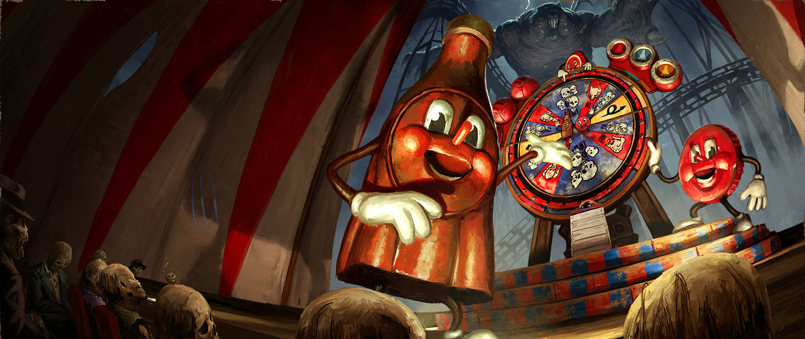 Dentro de una carpa de circo, dos mascotas de Nuka Cola presentan una ruleta sospechosa.
