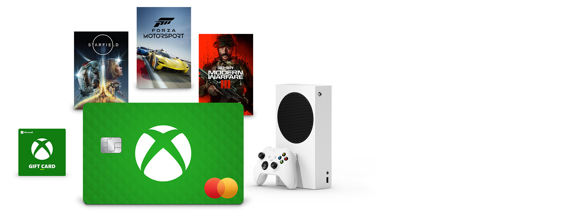 Xbox Credit card in front of a TV, Xbox game box art, Xbox Series S, and a Microsoft gift card