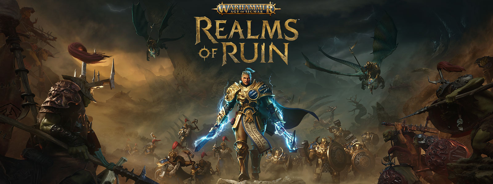 Warhammer Age of Sigmar: Realms of Ruin, A man and his allies walk toward an army of orcs on a battlefield while wielding two weapons that spark with blue lighting.