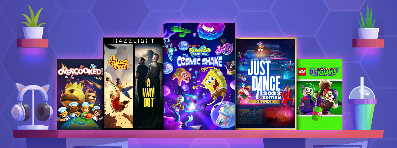 Box art from games that are part of the Family Time Sale, including SpongeBob SquarePants: The Cosmic Shake, Hazelight Bundle, and Just Dance® 2023 Deluxe Edition.