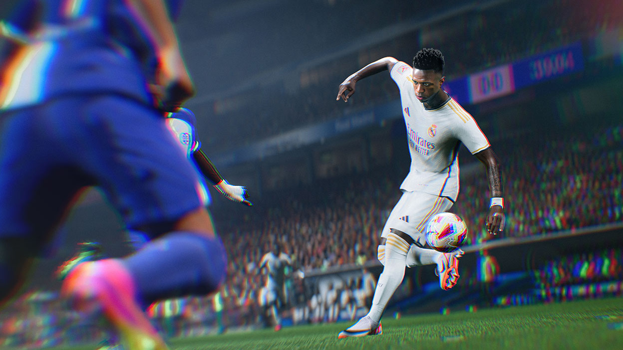 A player in white skillfully manipulates the ball.