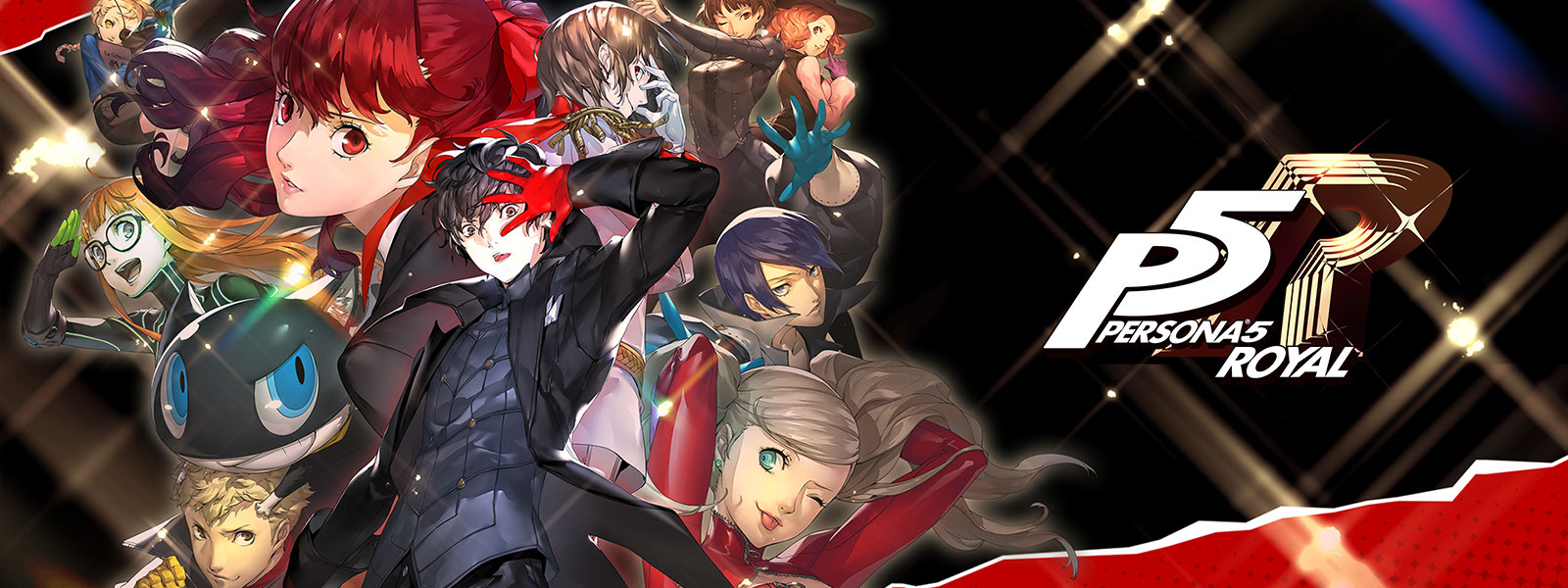 P5R, Persona 5 Royal: Joker posa con otros personajes de Persona detrás de él.