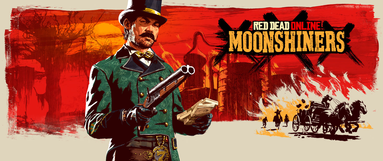 Red Dead Online, Moonshiners, Een sinister uitziende man met een pistool en een stapel geld, voor een stilistische achtergrond van een moonshiner-opstelling en een achtervolging met een koets. 