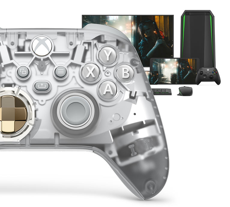 Vista frontale del lato destro del Controller Wireless per Xbox - Edizione speciale Ghost Cipher e diverse piattaforme di gioco dietro di esso