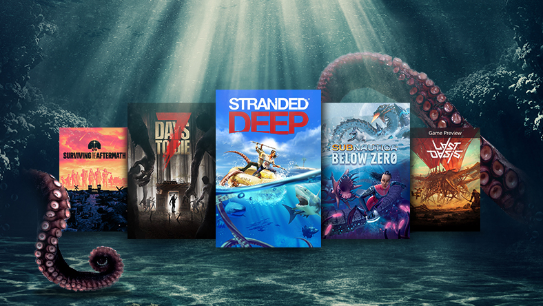 Box art from games that are part of the ID@Xbox Survival Sale, including 7 Days to Die, Stranded Deep, and Subnautica: Below Zero.