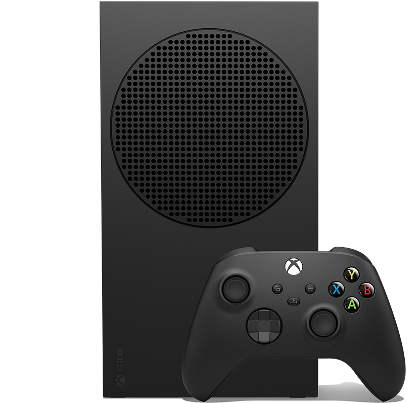 Side angle of the Xbox Series S – 1TB (Black) with an Xbox wireless controller