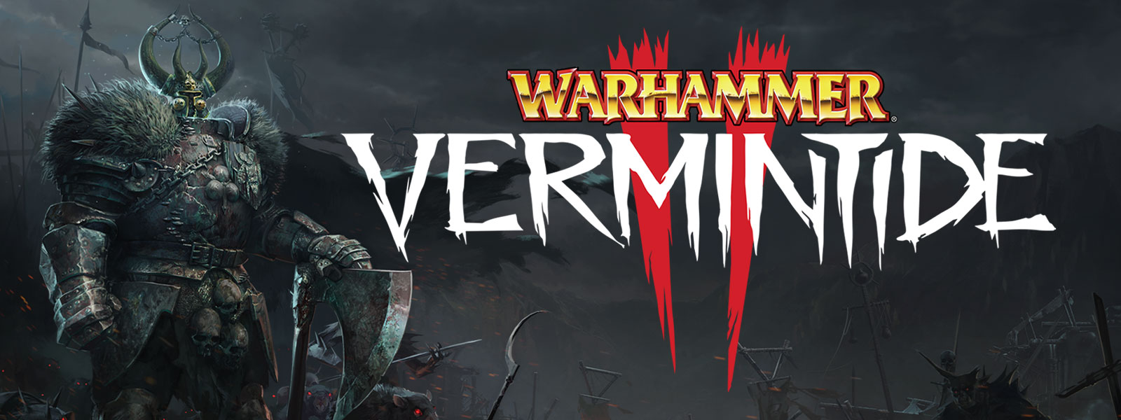 《Warhammer: Vermintide 2》，一个带着毛皮肩甲的装甲人物站在一群眼睛发亮的老鼠大军先锋队前面。