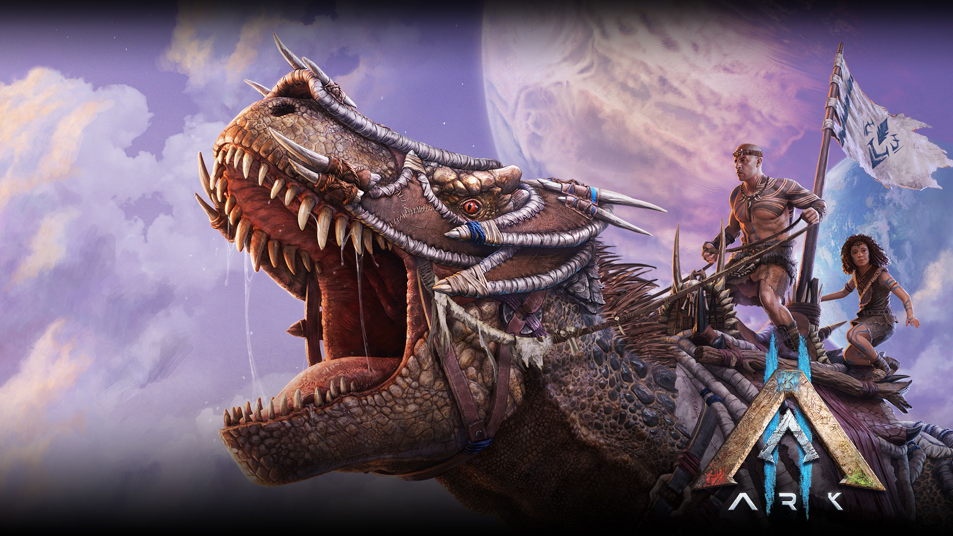 ARK 2-Logo, Santiago und Meeka reiten auf einem gepanzerten Tyrannosaurus Rex, der mit einem Holzsattel ausgestattet ist.