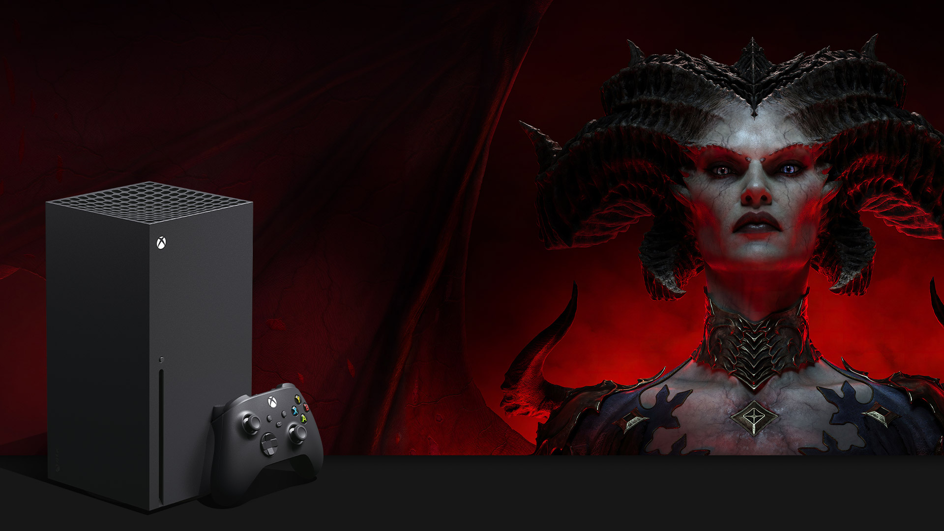Close up of Lilith from Diablo IV with Xbox Series X.