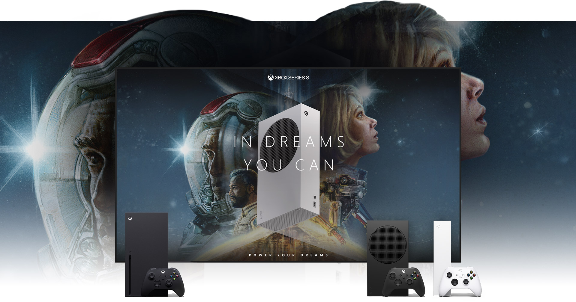 Xbox Series X|S neben einem Fernseher, der das Starfield-Hintergrundbild „Power your dreams“ anzeigt