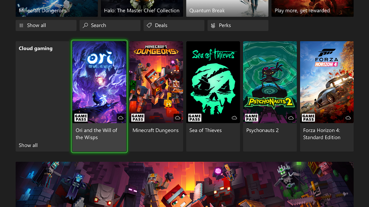 A screenshot of the Microsoft Store UI, showing a collection of cloud-enabled games.