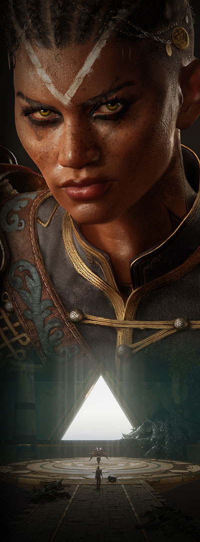 Flintlock: Siege of Dawn game panel featuring a woman adventurer with a painted V on her forehead over a large chamber with a triangle door. 