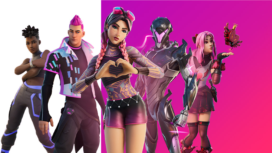 Fortnite. Un grupo de personajes posan delante la cámara, con un fondo púrpura y rosa.