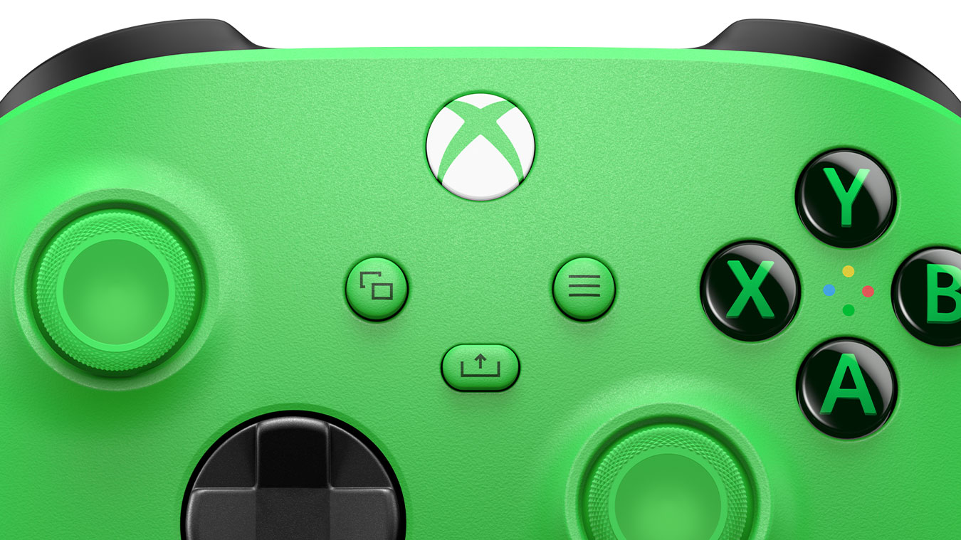 обновить основную галерею с изображением: кнопка Xbox, кнопки «Пуск», «Назад» и кнопка «Захват и обмен» на беспроводном геймпаде Xbox Зеленый