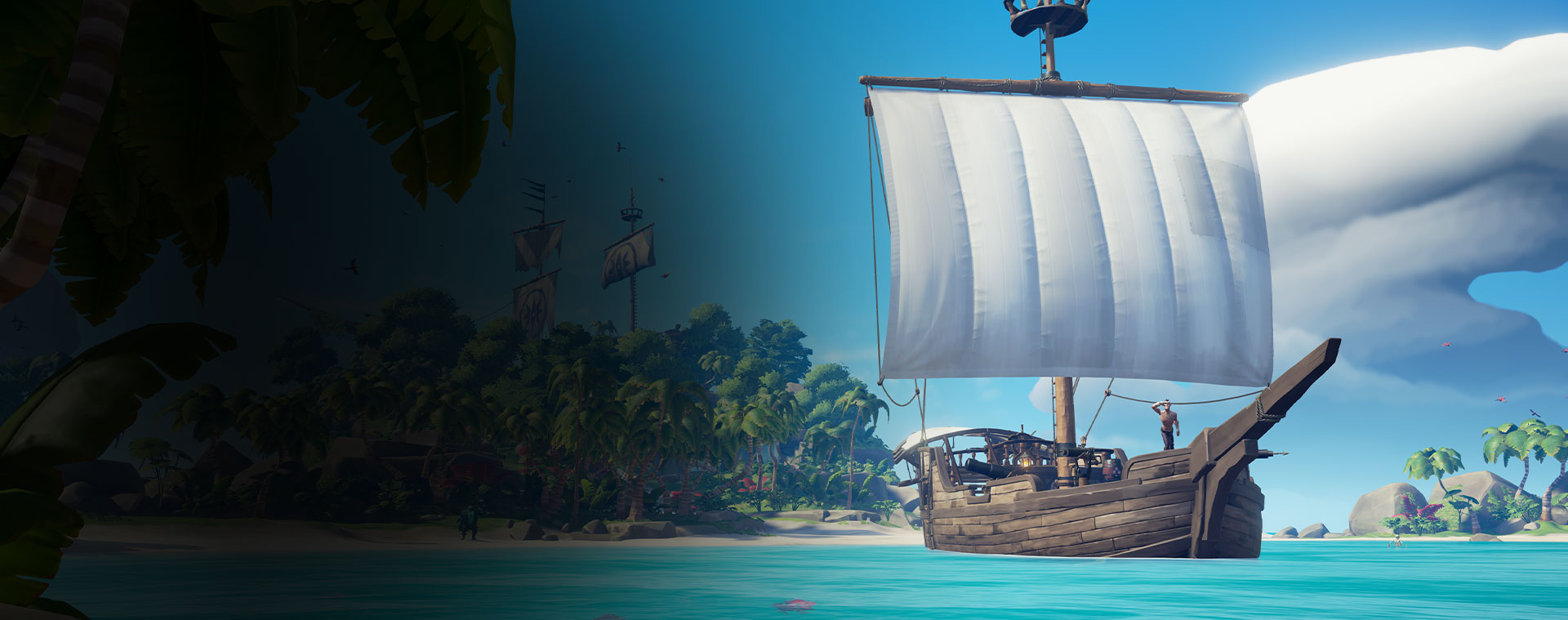 Ship from Sea of Thieves going away from an island