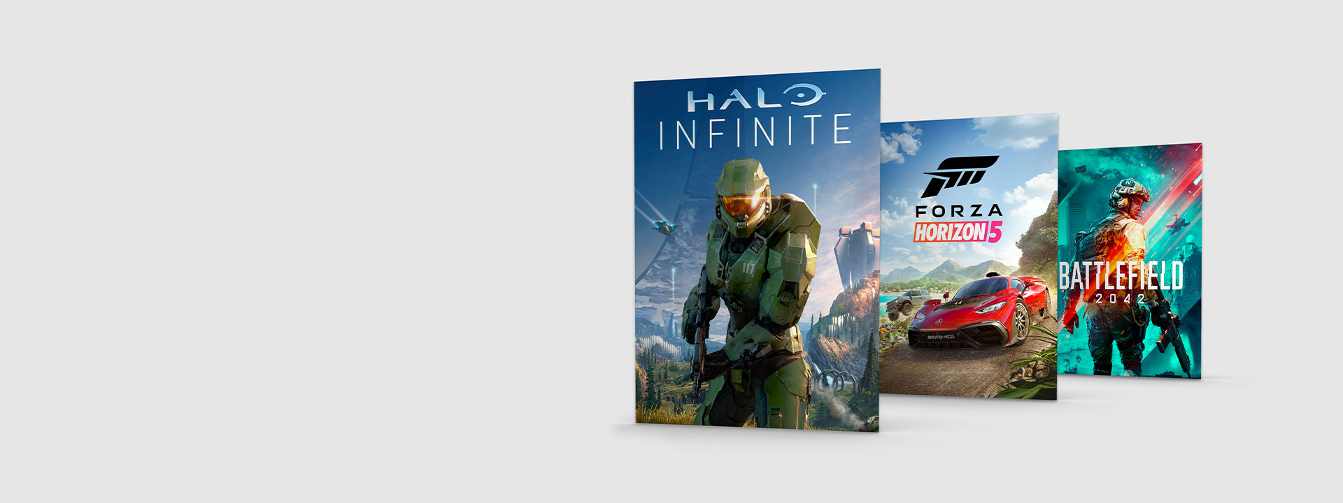 Box shots of Halo Infinite, Forza Horizon 5 and Battlefield 2042