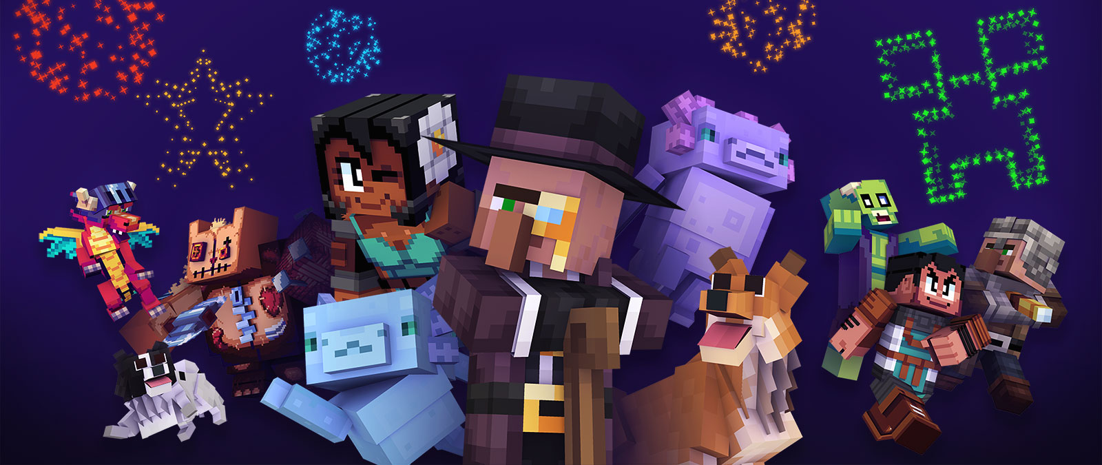 Several Minecraft characters with fireworks in the background