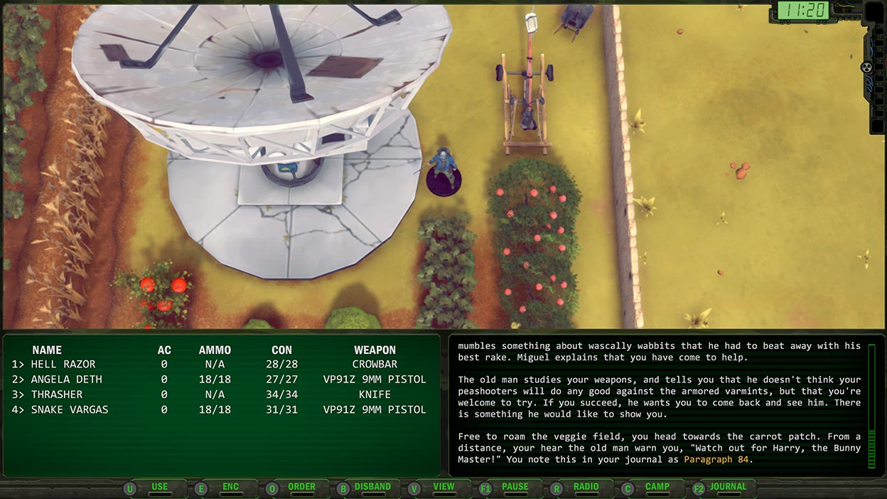 Screenshot of player statistics and story with a player character in a garden beside a satellite dish