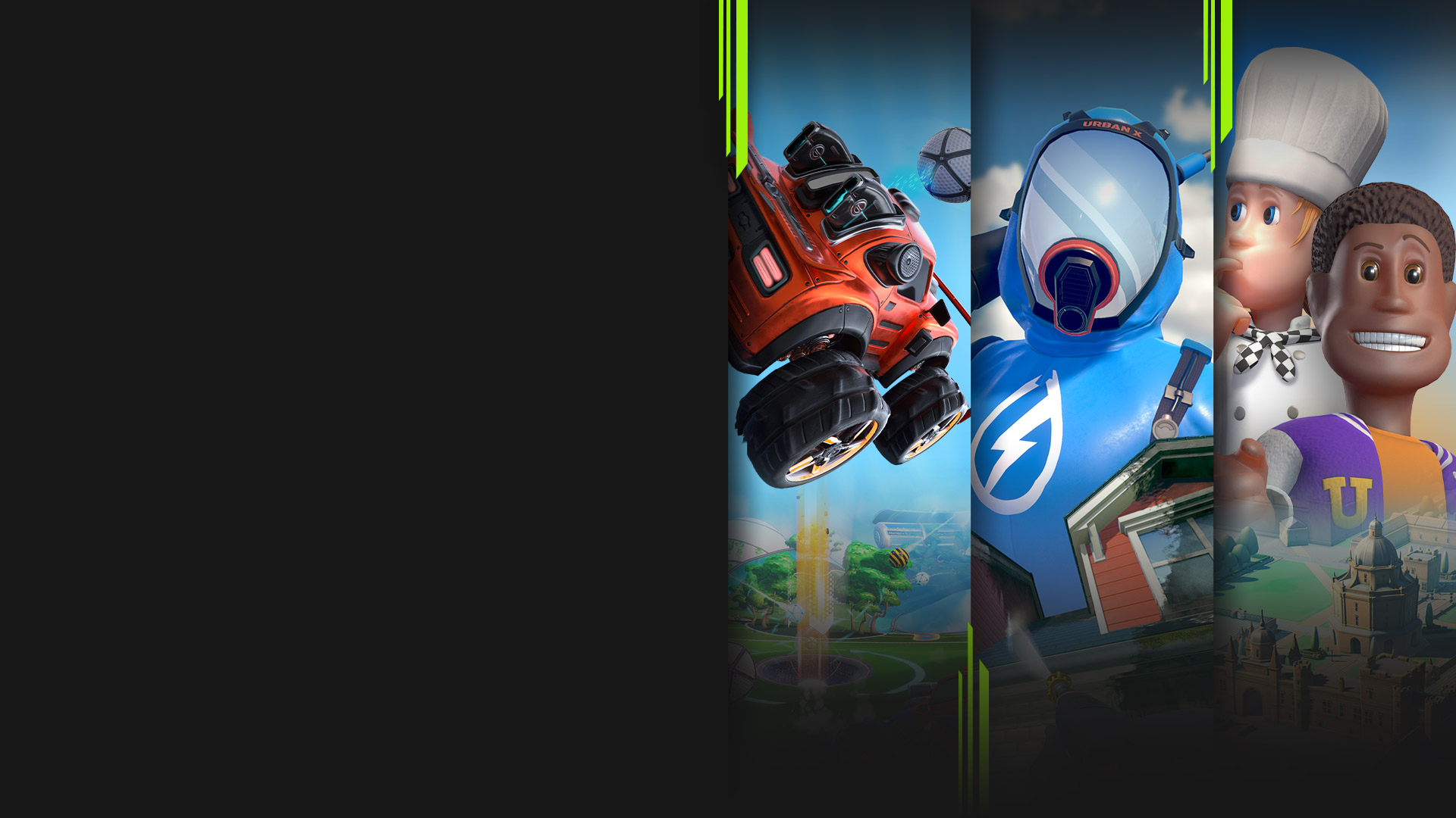 Game art from multiple games available now with Xbox Game Pass including Turbo Golf Racing, PowerWash Simulator, Two Point Campus, and As Dusk Falls.