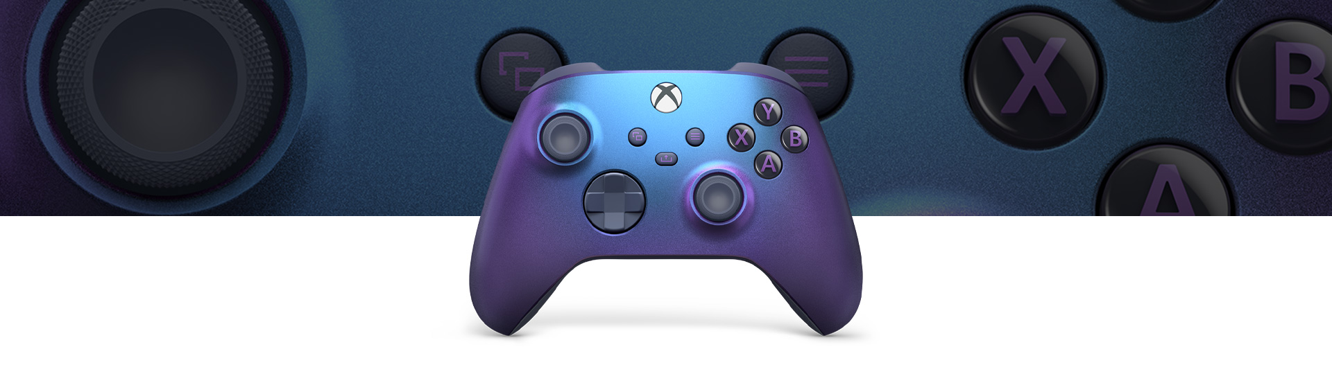 Front view of Xbox Wireless Controller – Stellar Shift Special Edition with close-up view in the background.