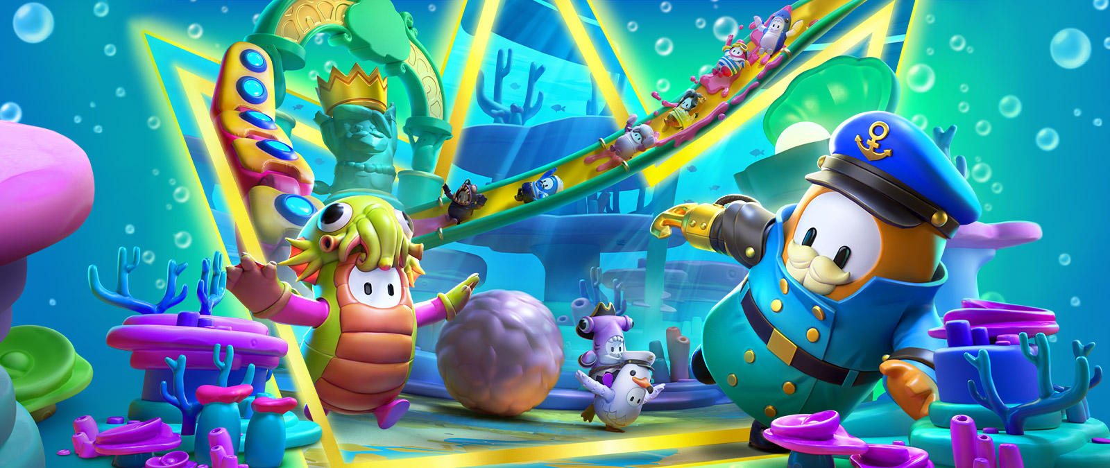 A group of nautical themed costumed Beans on a slide in an underwater themed arena.