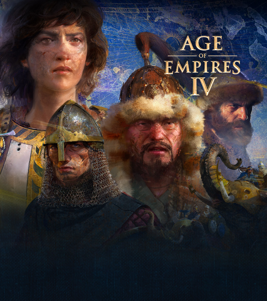 Age of Empires IV. Vier personages met oorlogstaferelen, olifanten en mannen op paarden rondom hen op een kaartachtergrond