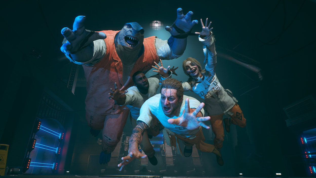 Dressed in their prison uniforms, King Shark, Deadshot, Harley Quinn and Captain Boomerang dive for cover.