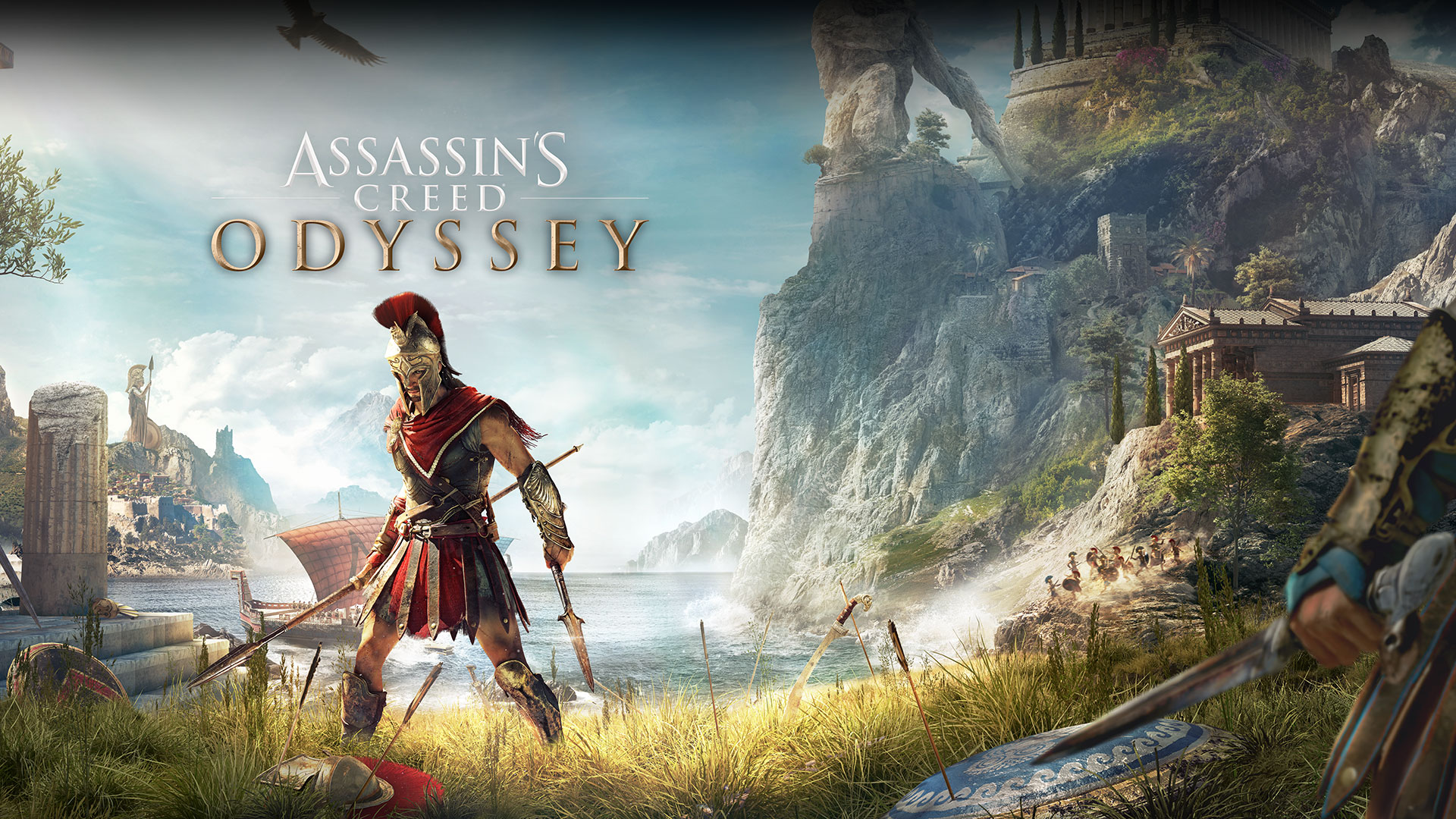 Assassin’s Creed Odyssey, el héroe griego Alexios de pie en una costa con dos lanzas