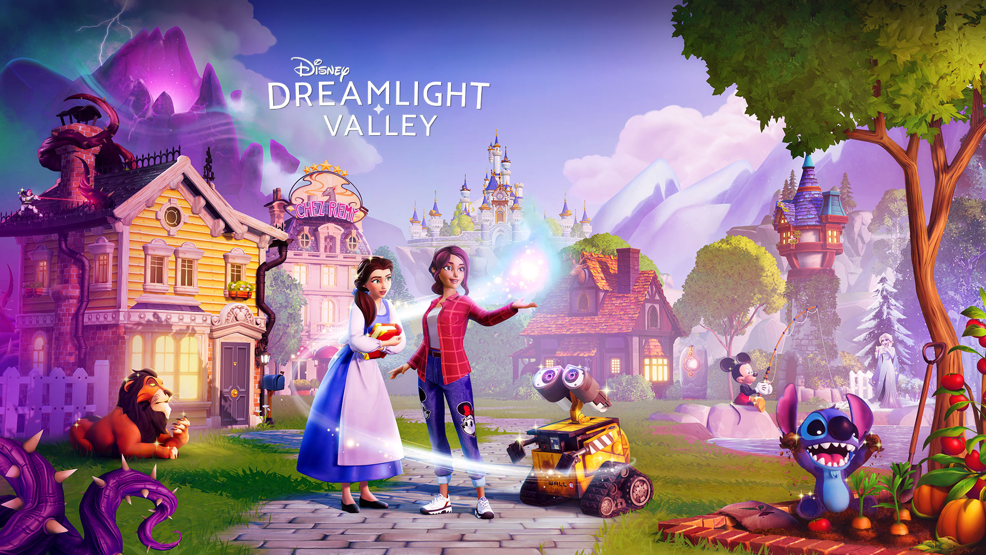 Disney Dreamlight Valley, des personnages de Disney tels que Belle et Wall-E sont réunis autour d’un joueur dans une ville pittoresque. 