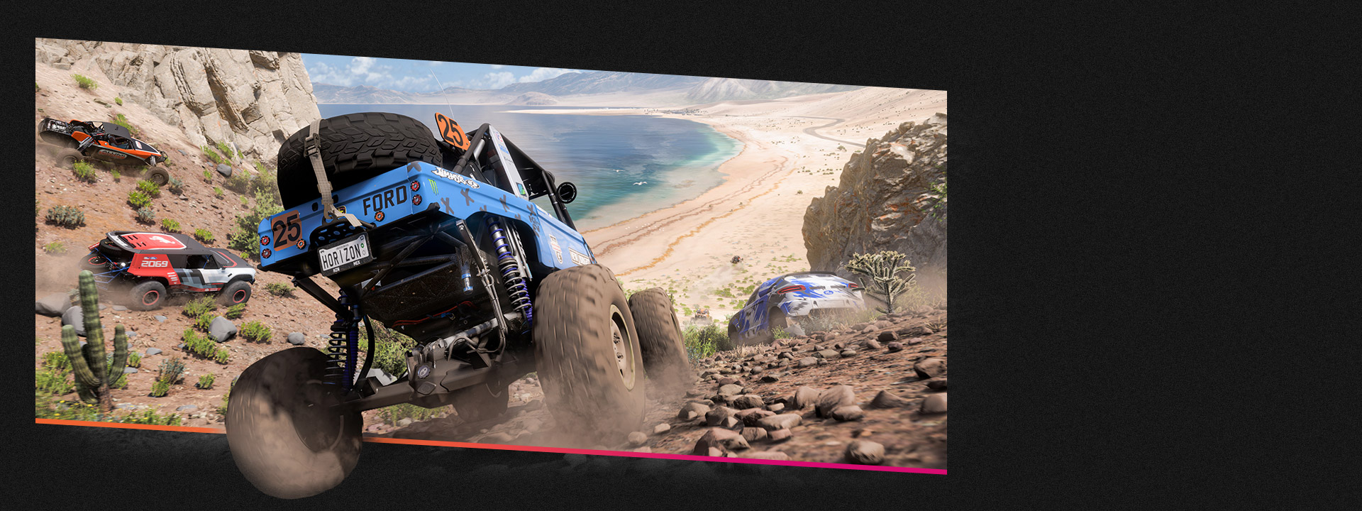 Four cars racing down a dirt hill towards a beach.