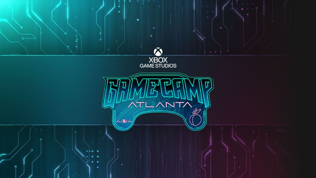 Xbox Game Camp Atlanta logo against a pattern of processors and wires.