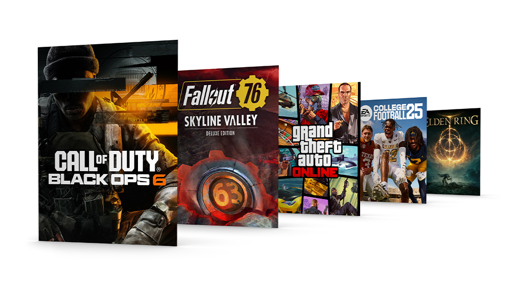 Pochettes des jeux Call of Duty: Black Ops 6, Fallout 76 Skyline Valley édition Deluxe, Grand Theft Auto Online, EA SPORTS™ College Football 25 et Elden Ring.