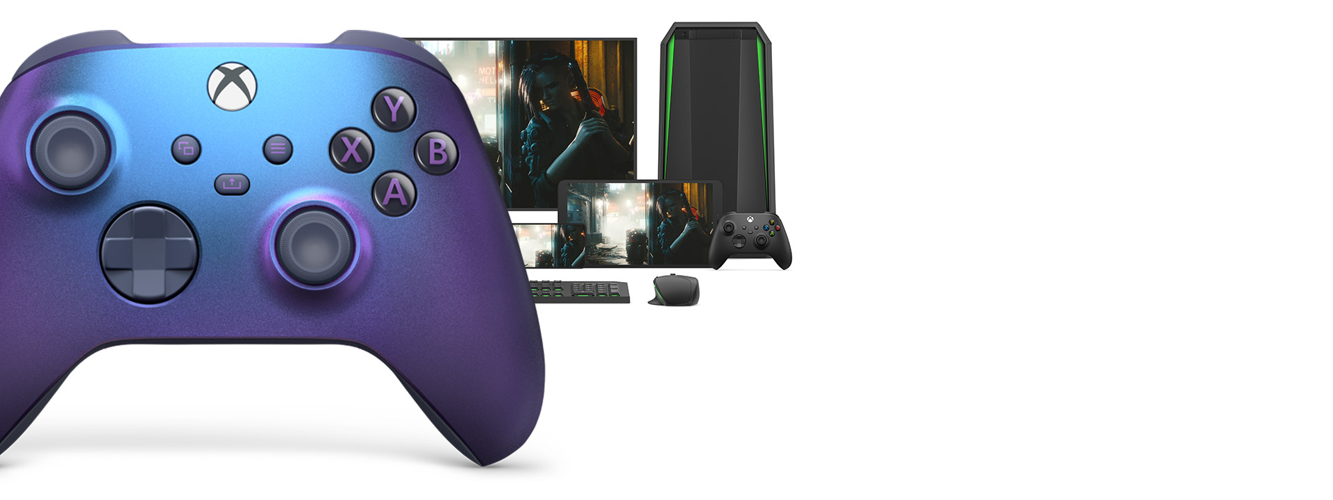 Vooraanzicht van de rechterkant van de Xbox draadloze controller – Stellar Shift Special Edition met verschillende gameplatforms erachter