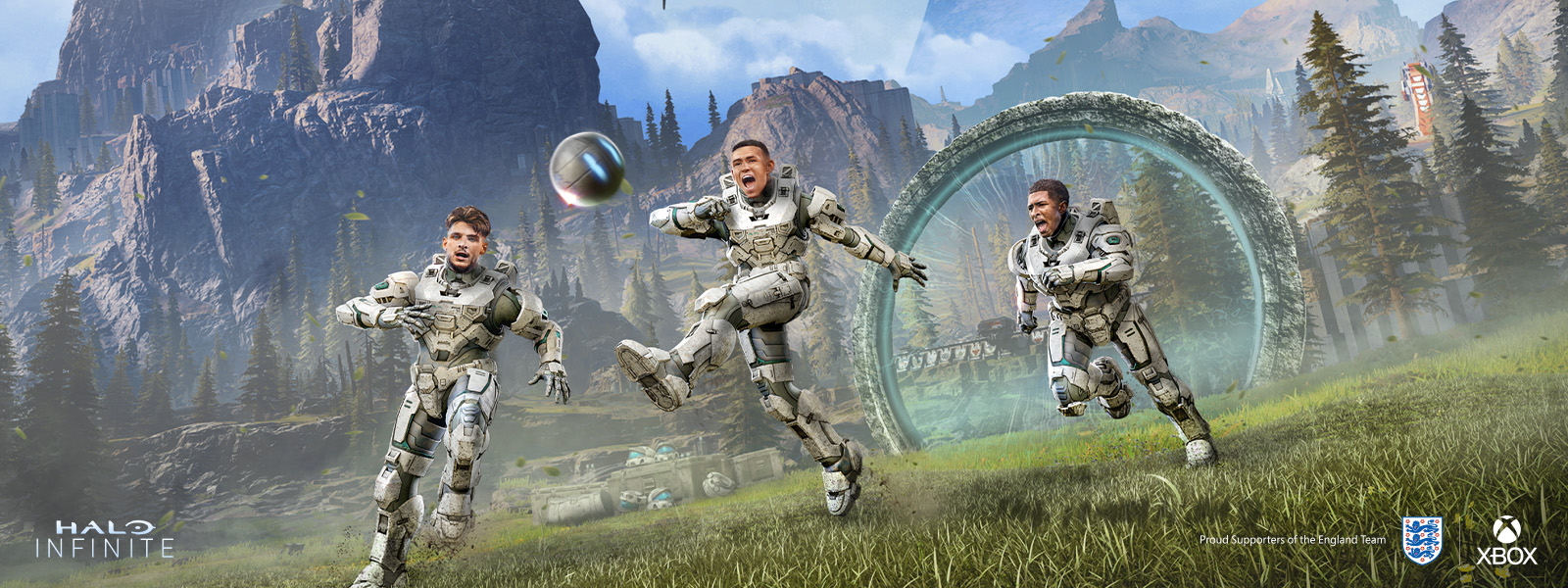 Several players from the English football team, kitted out in Spartan Armour, kicking a ball on the Halo ring from Halo Infinite. The FA and Xbox logos can be seen on the bottom right of the image, and the Halo Infinite logo, on the bottom left