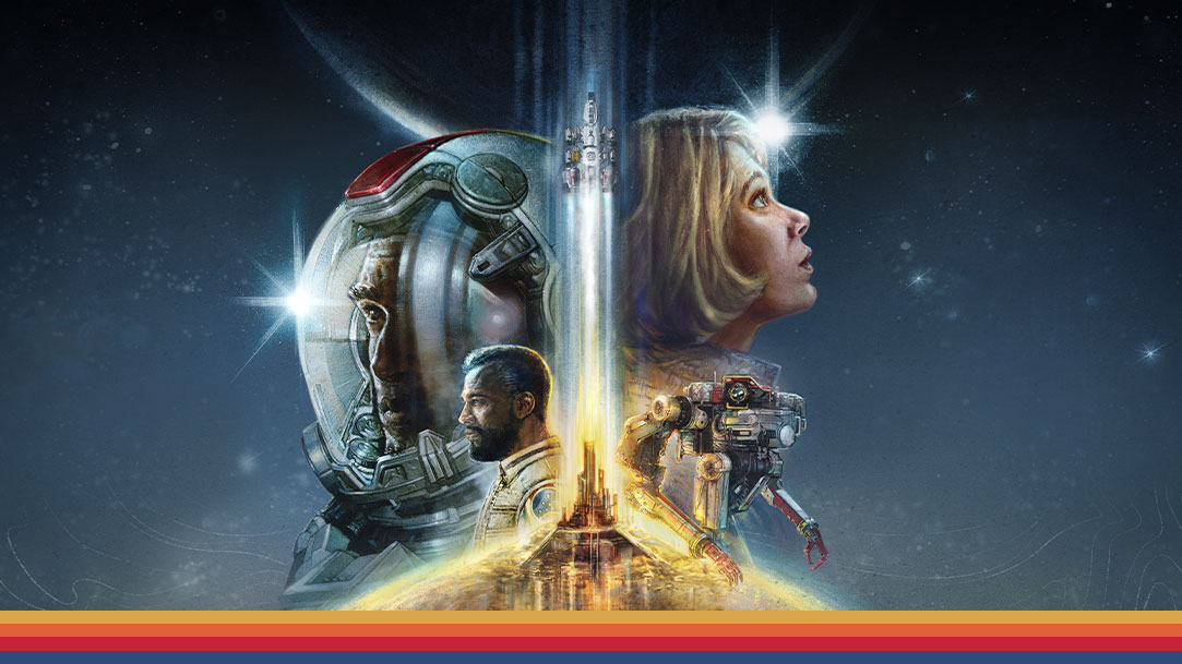 Four characters superimposed facing to the left and right side with a rocket ship taking off in the middle with a space background