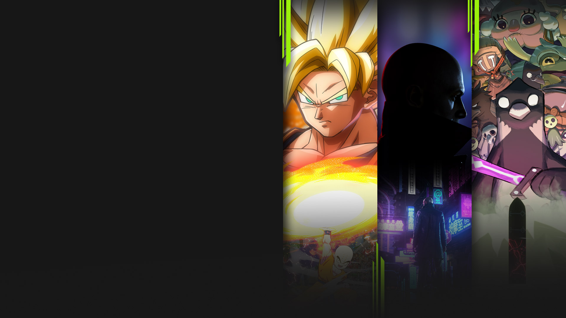 Game art from multiple games available with PC Game Pass including Dragon Ball FighterZ, Hitman Trilogy, Death's Door, and Minecraft.