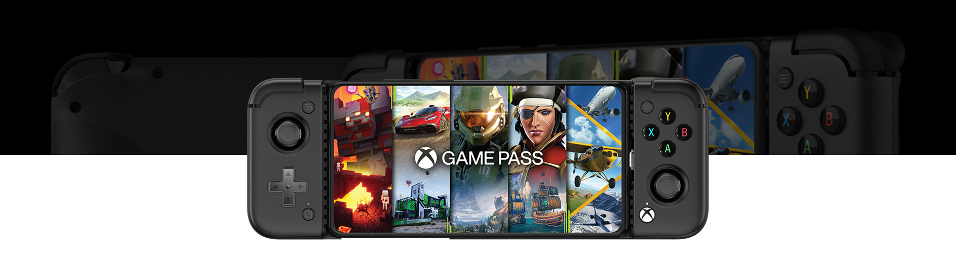 Game Pass を全画面表示した Android 用 GameSir X2 Pro モバイル ゲーム コントローラーを正面から見たビュー。