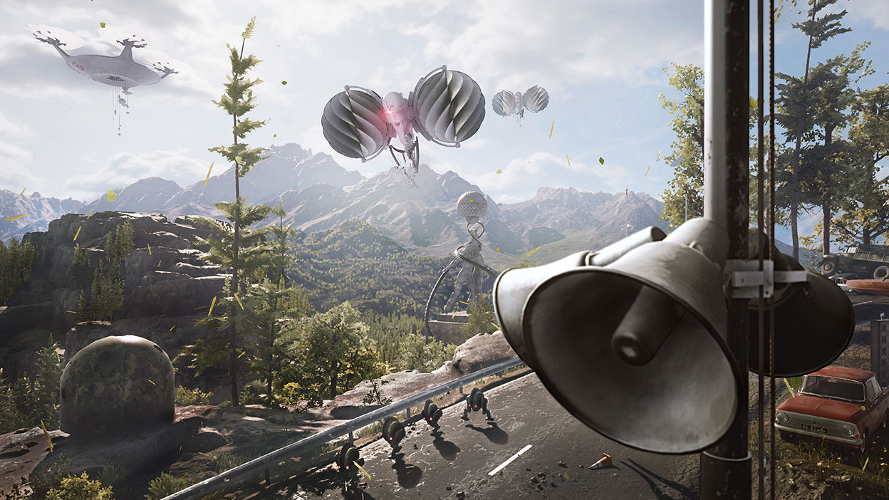 Grote vliegende machines zweven over bergachtige graslanden met kleinere robots die op straat patrouilleren.