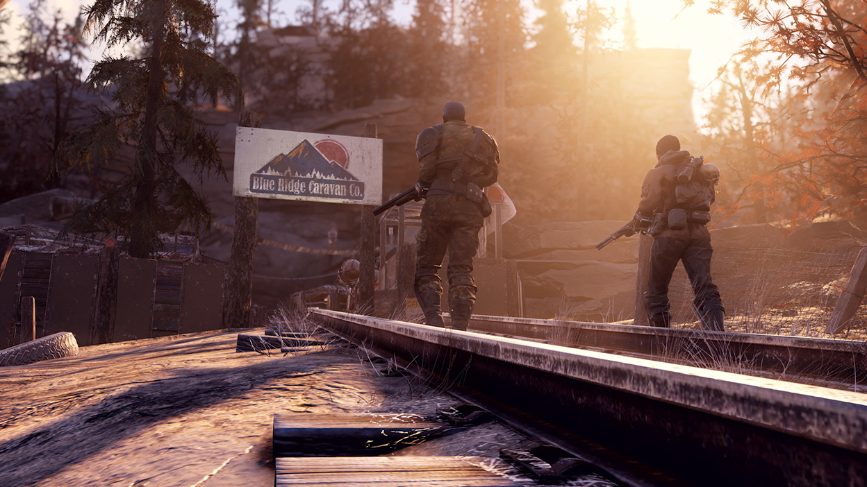 Two characters walk along railway tracks towards the Blue Ridge Caravan Co.