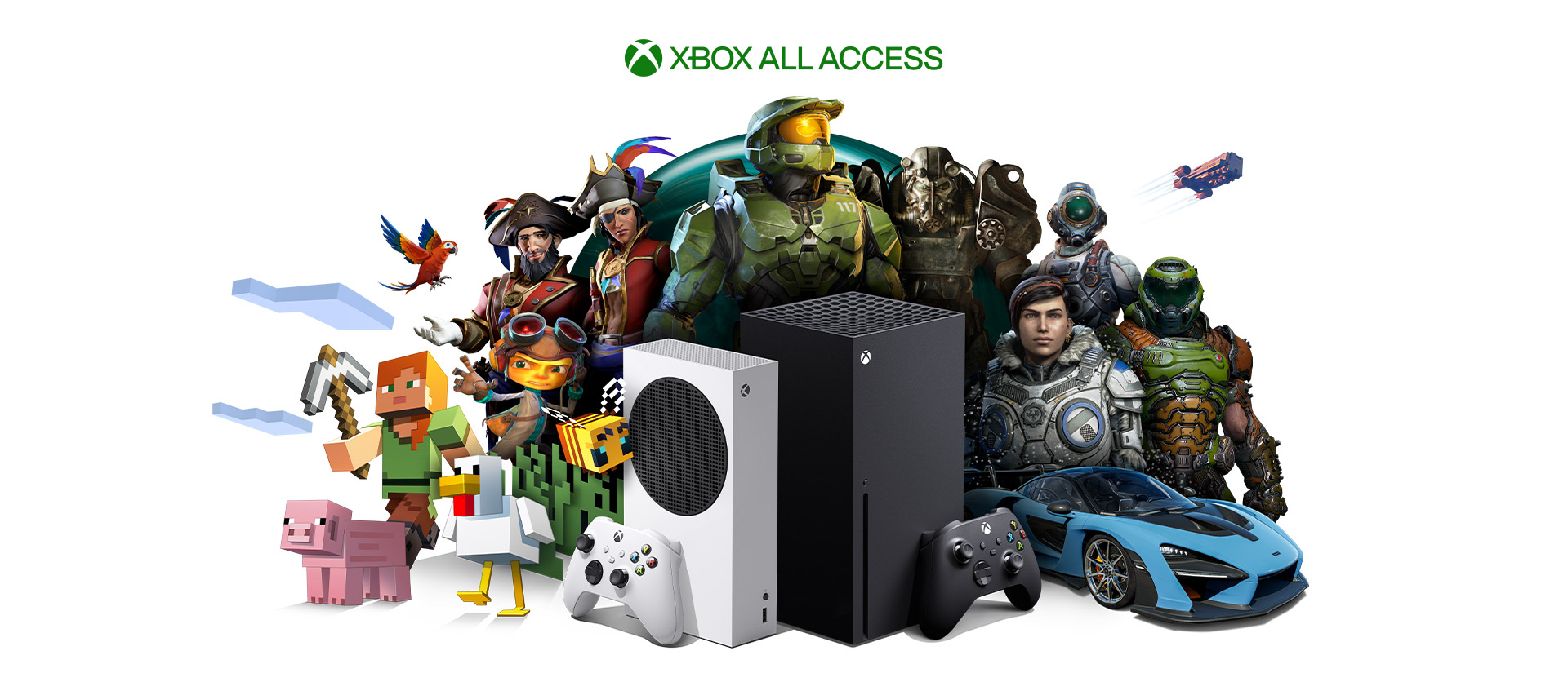 Xbox All Access, Xbox Series X och Xbox Series S med karaktärer från Xbox-spel 