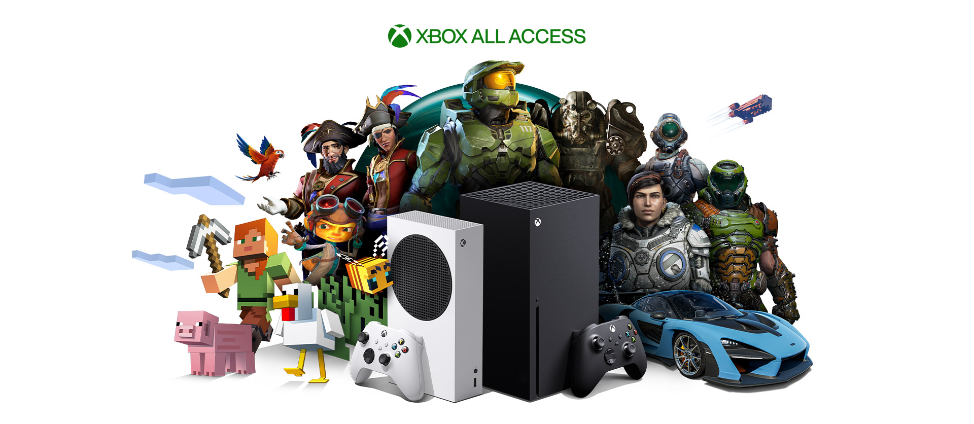 Xbox All Access, Xbox Series X a Xbox Series S s znakmi hry Xbox