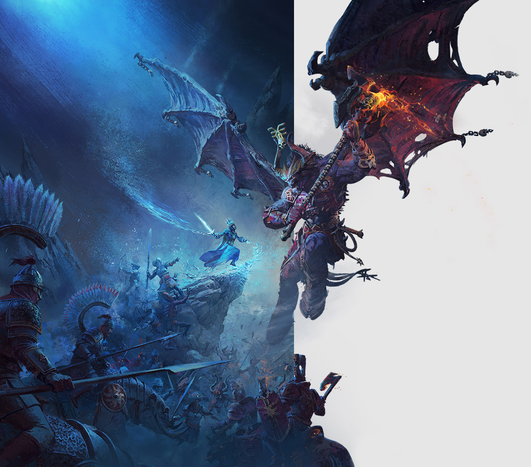 Total War™: WARHAMMER® III，有翅膀的怪物拿著火焰般的斧頭，向下飛去，加入人類和怪物的大戰。