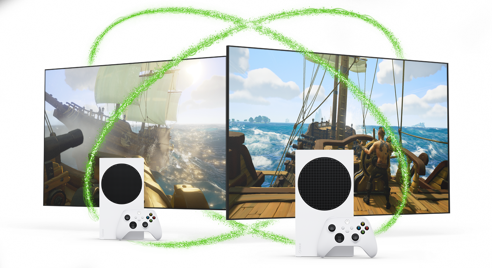 Consoles do Xbox Series S retratados com duas telas que mostram a jogabilidade do Sea of Thieves