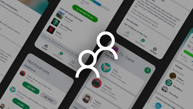 Captures d’écran de l’application Xbox Family Settings sont affiché derrière une icône famille.